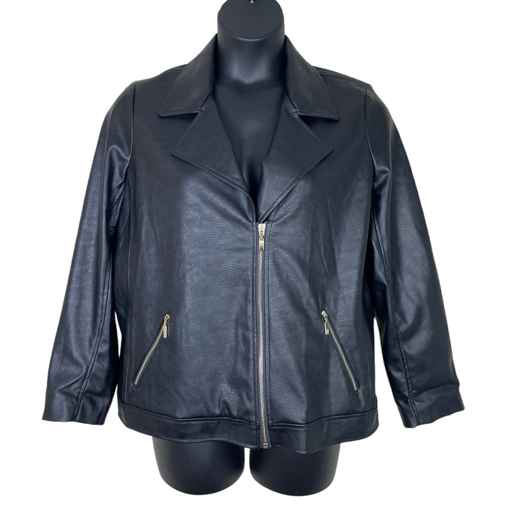 Chico’s Faux Leather Biker Moto Motorcycle Jacket Black Gold Zippers Size 12